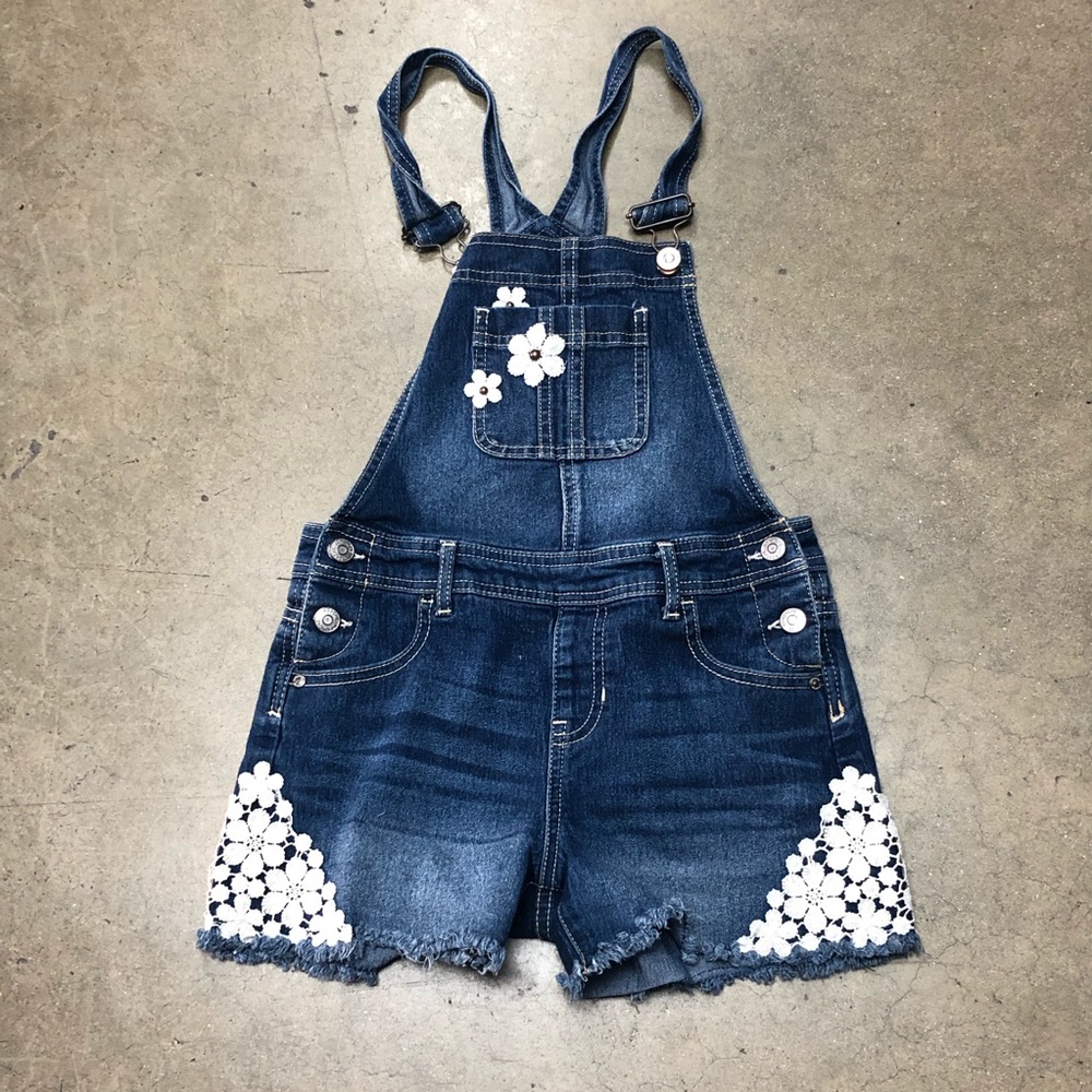 Kids Jordache Shortalls Size 10-12 Large Embroider Denim Overalls Shorts Girls - Picture 14 of 15
